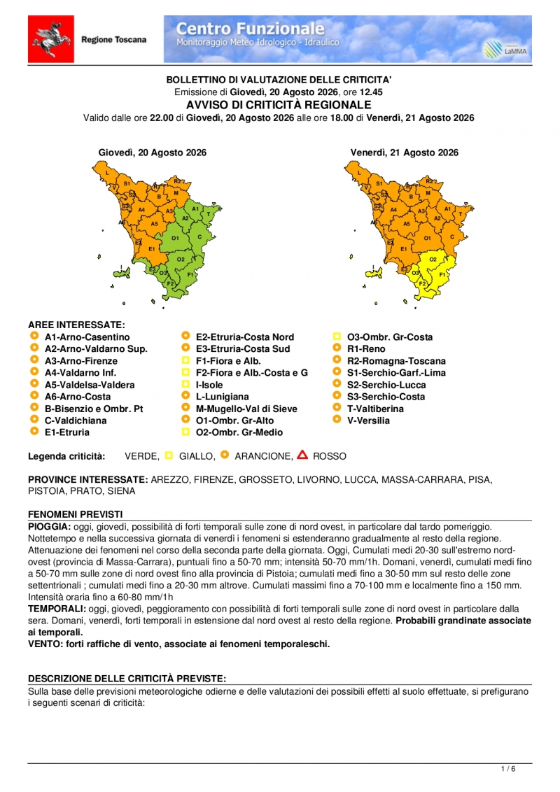 ALLERTA ARANCIONE  Rischio Temporali forti e rischio idrogeologico-idraulico reticolo minore