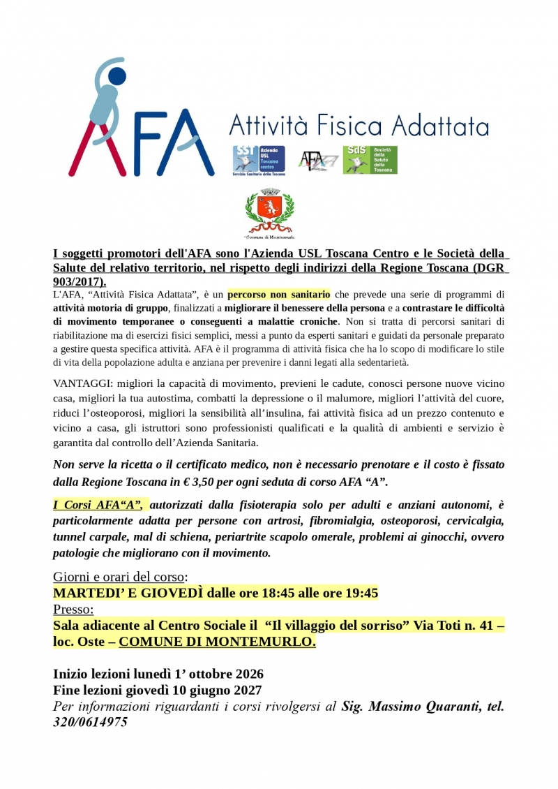 Al via a Montemurlo i nuovi corsi AFA (Attivit� Fisica Adattata) per il benessere e la prevenzione: lezioni al centro sociale di Oste